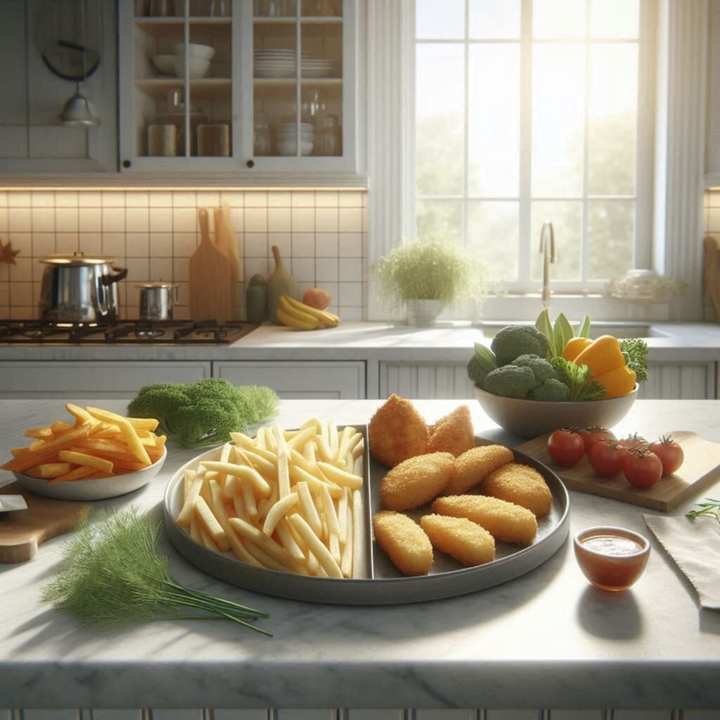 Alimentação saudável com substituição de frituras por versões assadas e legumes crocantes em cozinha iluminada