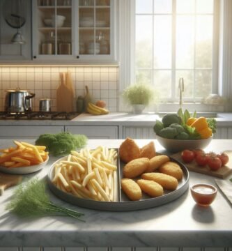 Alimentação saudável com substituição de frituras por versões assadas e legumes crocantes em cozinha iluminada