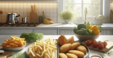 Alimentação saudável com substituição de frituras por versões assadas e legumes crocantes em cozinha iluminada