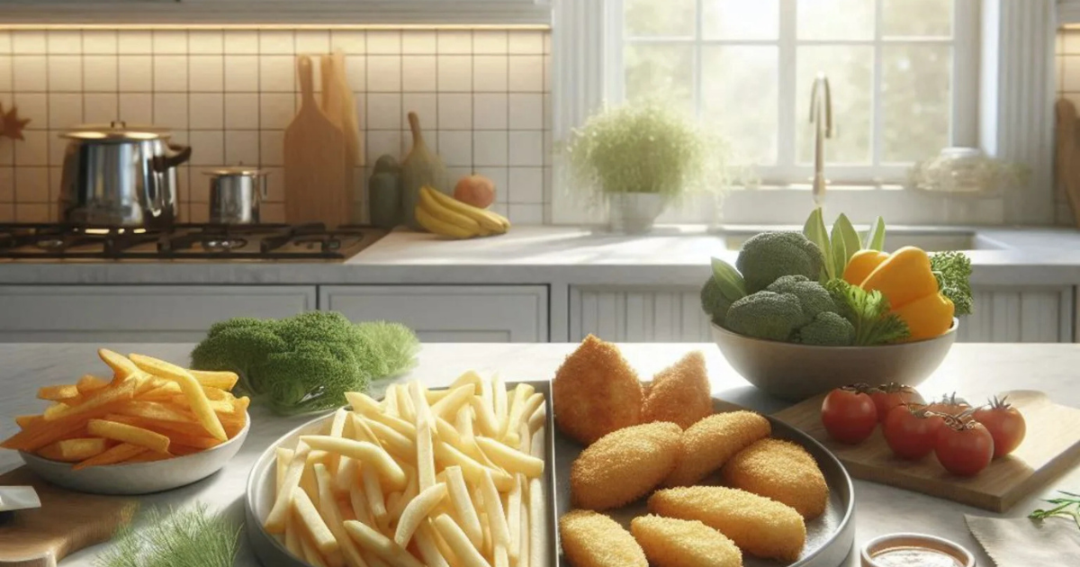 Alimentação saudável com substituição de frituras por versões assadas e legumes crocantes em cozinha iluminada