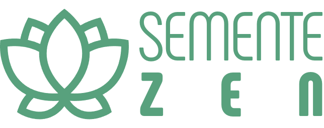 Logotipo do SementeZen com símbolo de flor de lótus em verde, representando equilíbrio, bem-estar, saúde mental e crescimento interior.