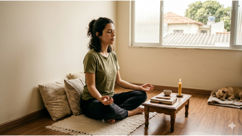 Mulher praticando meditação de forma simples em casa