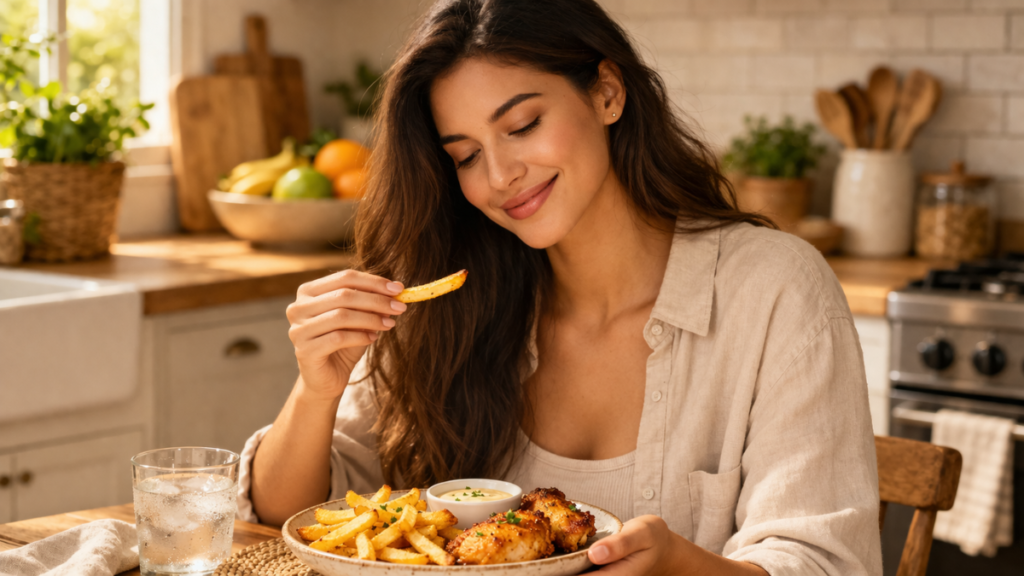 Mulher consumindo alimento feito na airfryer como alternativa à fritura tradicional