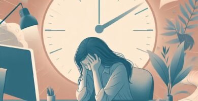 Mulher exausta sentada à mesa de trabalho, com a cabeça apoiada nas mãos, simbolizando sintomas de Burnout e exaustão emocional.