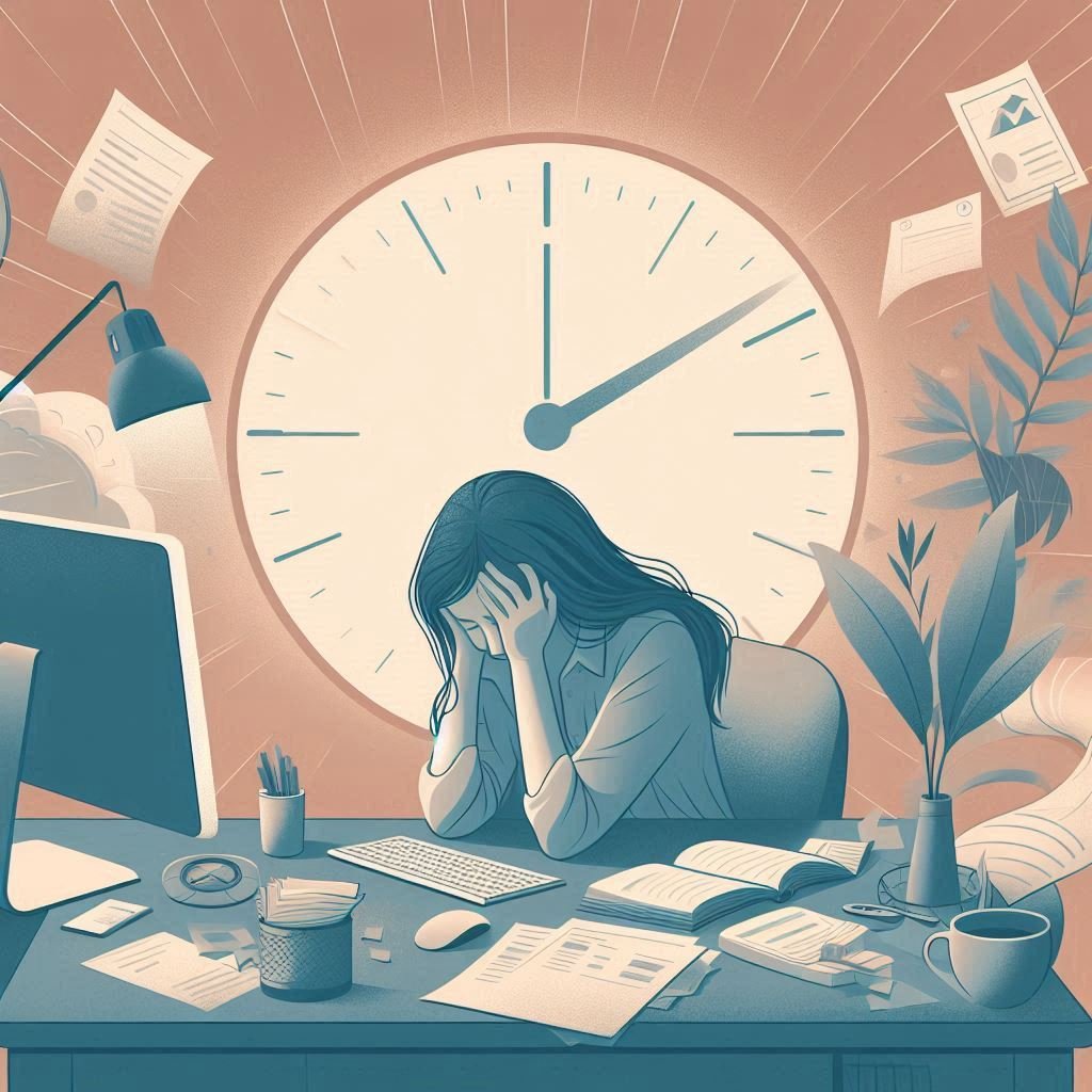 Mulher exausta sentada à mesa de trabalho, com a cabeça apoiada nas mãos, simbolizando sintomas de Burnout e exaustão emocional.