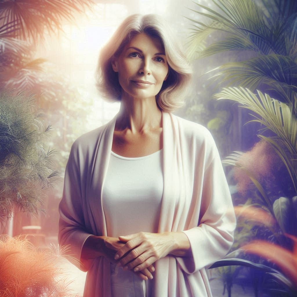 Mulher em fase de climatério e menopausa representando saúde feminina, equilíbrio hormonal e bem-estar