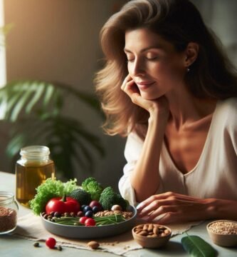 Mulher adulta em ambiente calmo observando um prato equilibrado com alimentos naturais, representando alimentação saudável sem dietas, equilíbrio entre corpo e mente.