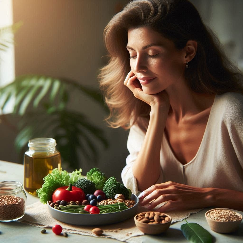 Mulher adulta em ambiente calmo observando um prato equilibrado com alimentos naturais, representando alimentação saudável sem dietas, equilíbrio entre corpo e mente.