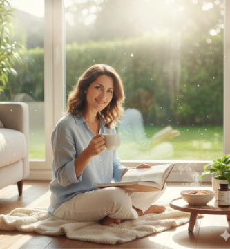 Mulher de meia-idade sentada calmamente no chão de uma sala iluminada, lendo um livro e segurando uma xícara, simbolizando o controle do cortisol e estresse.