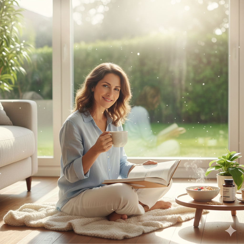 Mulher de meia-idade sentada calmamente no chão de uma sala iluminada, lendo um livro e segurando uma xícara, simbolizando o controle do cortisol e estresse.