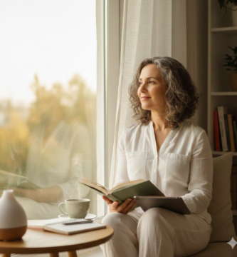 Mulher madura em momento de reflexão e bem-estar simbolizando a neuroplasticidade e o aprendizado de novos hábitos.