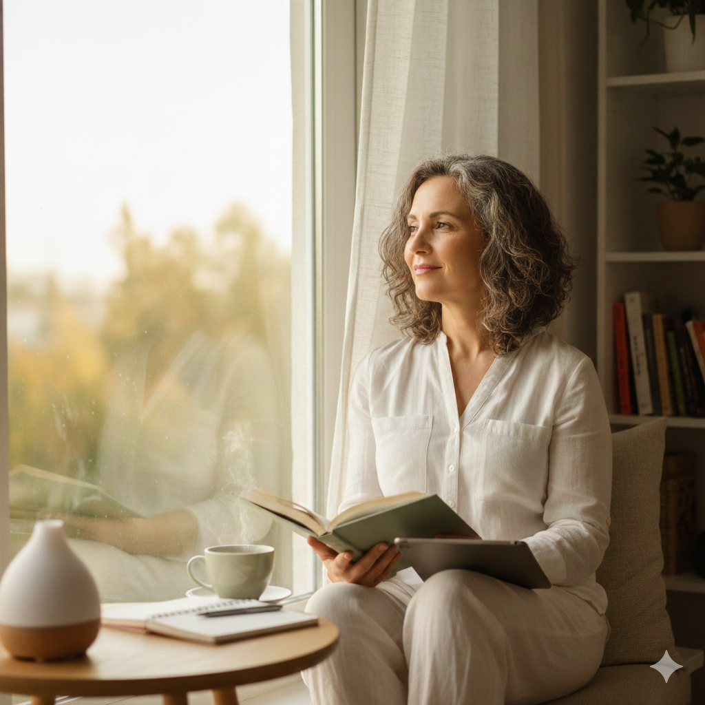 Mulher madura em momento de reflexão e bem-estar simbolizando a neuroplasticidade e o aprendizado de novos hábitos.