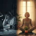 Mulher madura em ambiente de trabalho calmo, expressando alívio e cuidado com a saúde emocional no trabalho.