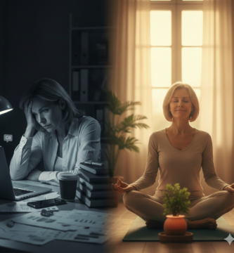 Mulher madura em ambiente de trabalho calmo, expressando alívio e cuidado com a saúde emocional no trabalho.