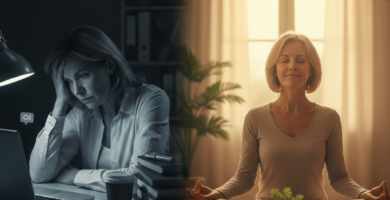 Mulher madura em ambiente de trabalho calmo, expressando alívio e cuidado com a saúde emocional no trabalho.