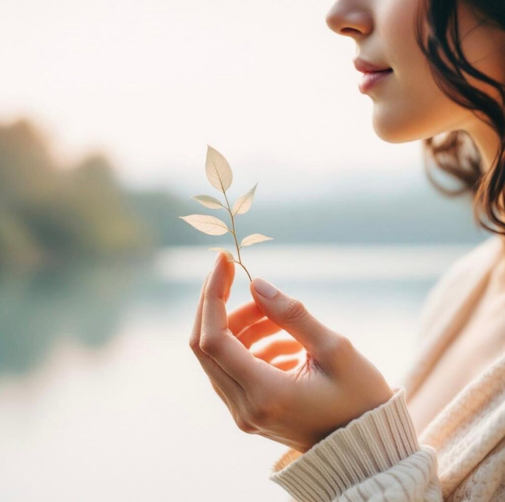 Sustentabilidade humana representada por uma pessoa em contato com a natureza, simbolizando equilíbrio, consciência e cuidado com a vida