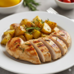 frango grelhado simples com batatas rústicas, receita saudável feita com filé de peito de frango ideal para marmitas fitness