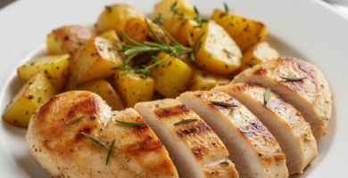 frango grelhado simples com batatas rústicas, receita saudável feita com filé de peito de frango ideal para marmitas fitness