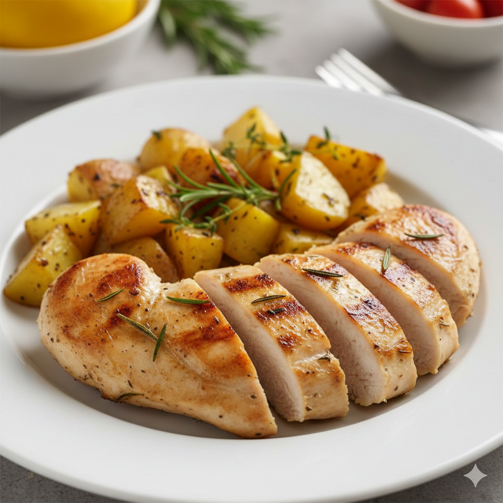 frango grelhado simples com batatas rústicas, receita saudável feita com filé de peito de frango ideal para marmitas fitness
