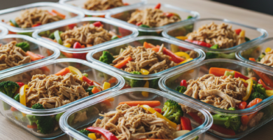 marmita fitness saudável com frango grelhado, legumes e batatas rústicas