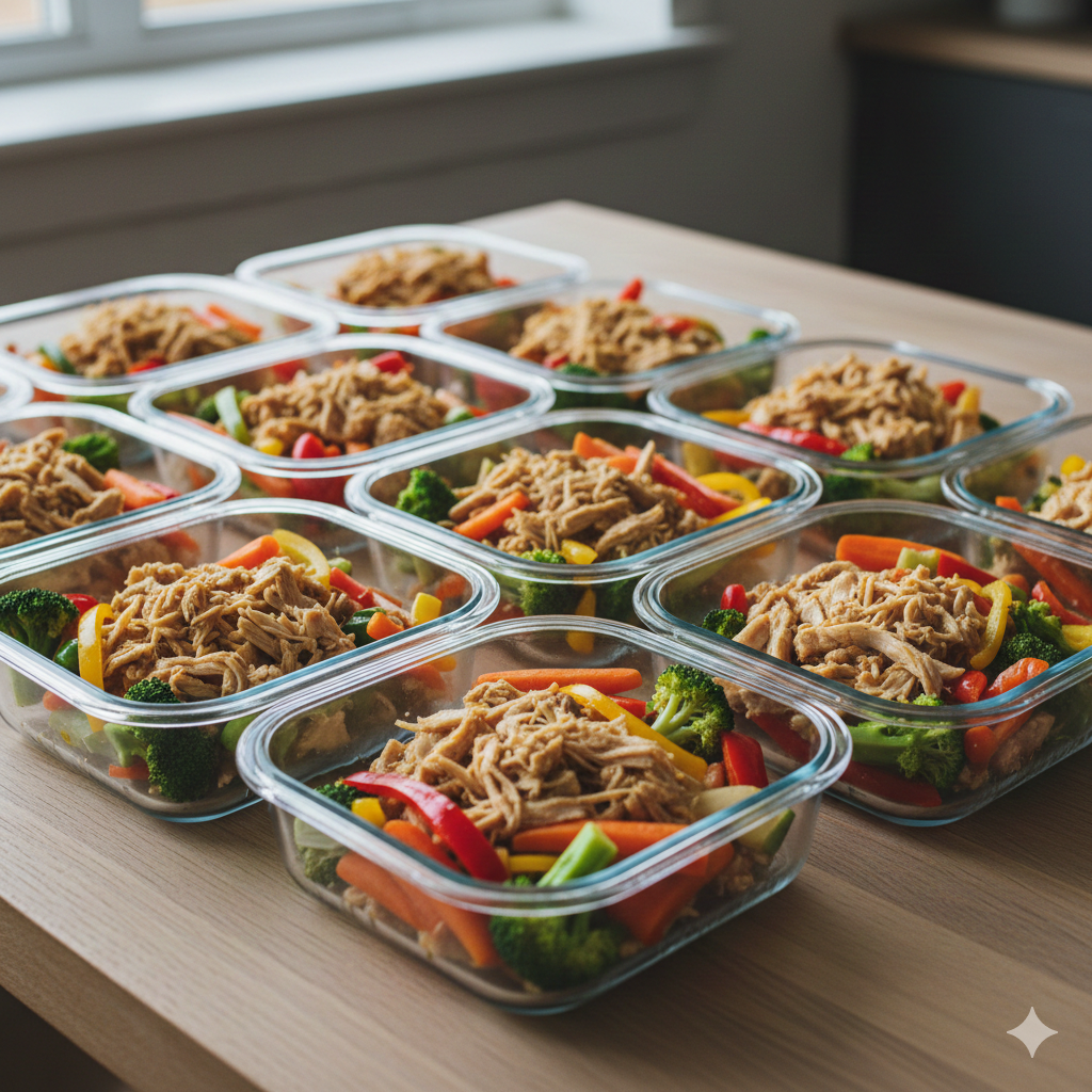 marmita fitness saudável com frango grelhado, legumes e batatas rústicas