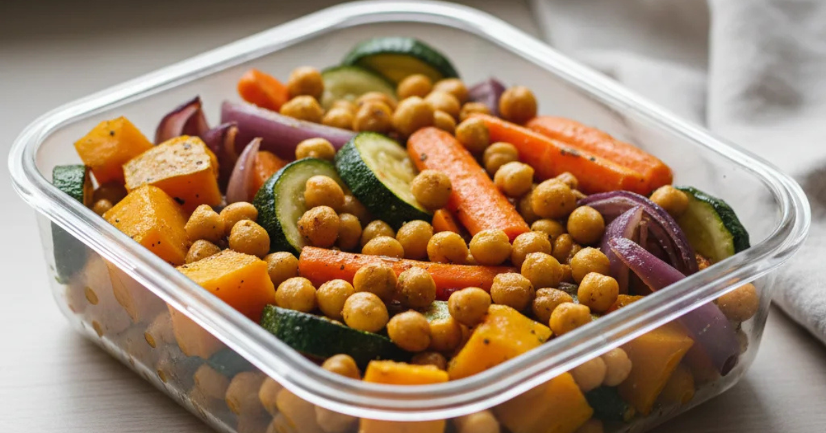 legumes assados com grão-de-bico em marmita fitness saudável