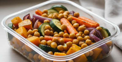 legumes assados com grão-de-bico em marmita fitness saudável