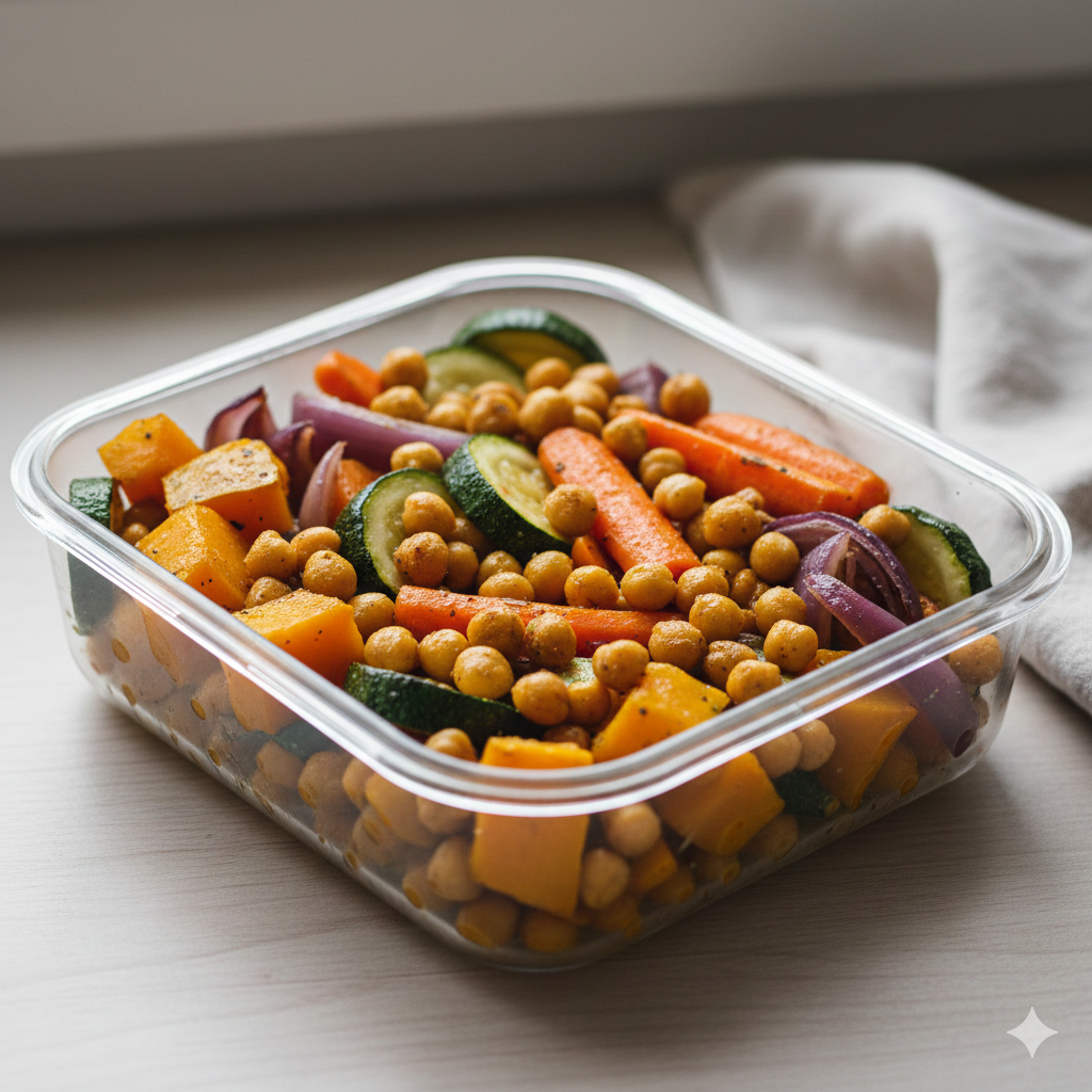 legumes assados com grão-de-bico em marmita fitness saudável