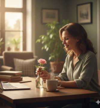Mulher madura em momento de gratidão prática segurando uma flor enquanto trabalha, representando as emoções positivas no cotidiano.