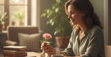 Mulher madura em momento de gratidão prática segurando uma flor enquanto trabalha, representando as emoções positivas no cotidiano.