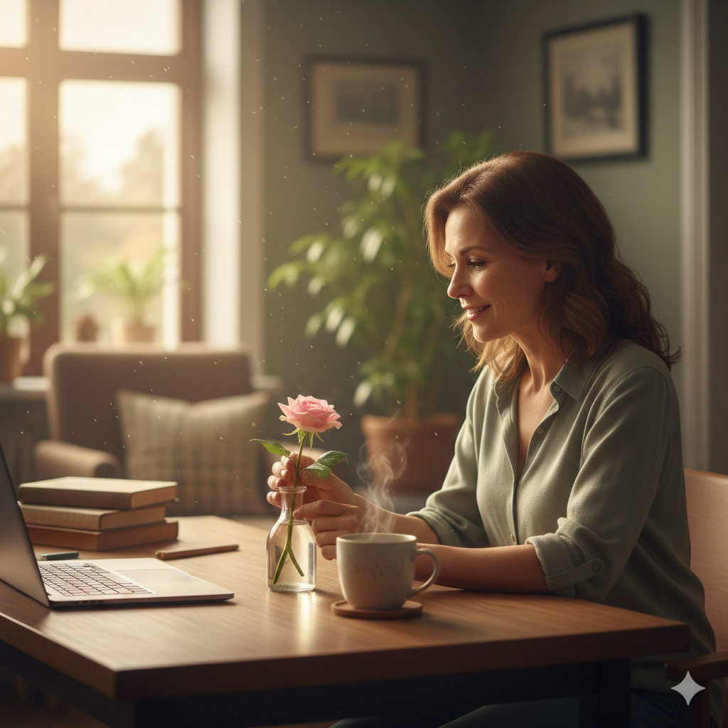 Mulher madura em momento de gratidão prática segurando uma flor enquanto trabalha, representando as emoções positivas no cotidiano.
