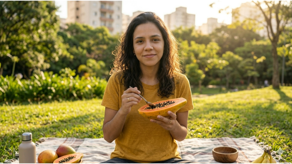 Mulher comendo de forma leve ao ar livre, representando uma relação natural e equilibrada com a alimentação