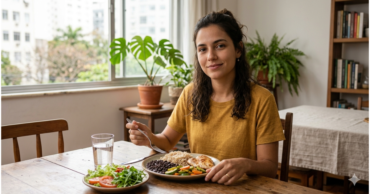 Mulher comendo de forma tranquila representando alimentação saudável sem dietas restritivas