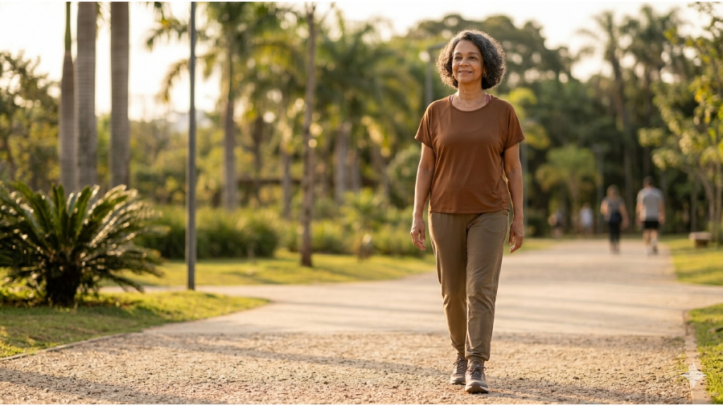 Mulher caminhando ao ar livre representando bem-estar e adaptação na menopausa
