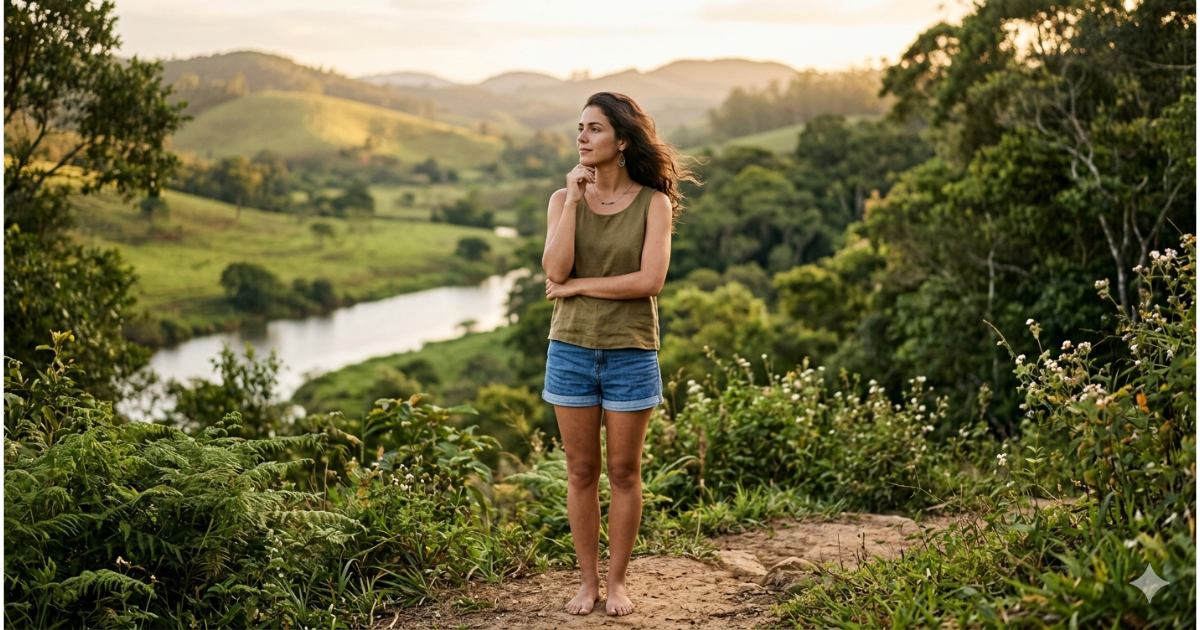 Ser humano sustentável representado por mulher em momento de presença e conexão com a vida