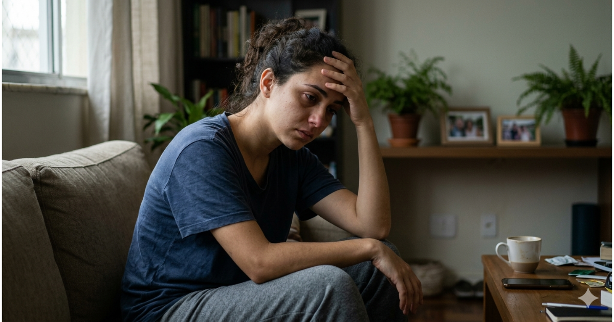 Mulher com expressão de esgotamento emocional representando síndrome de burnout