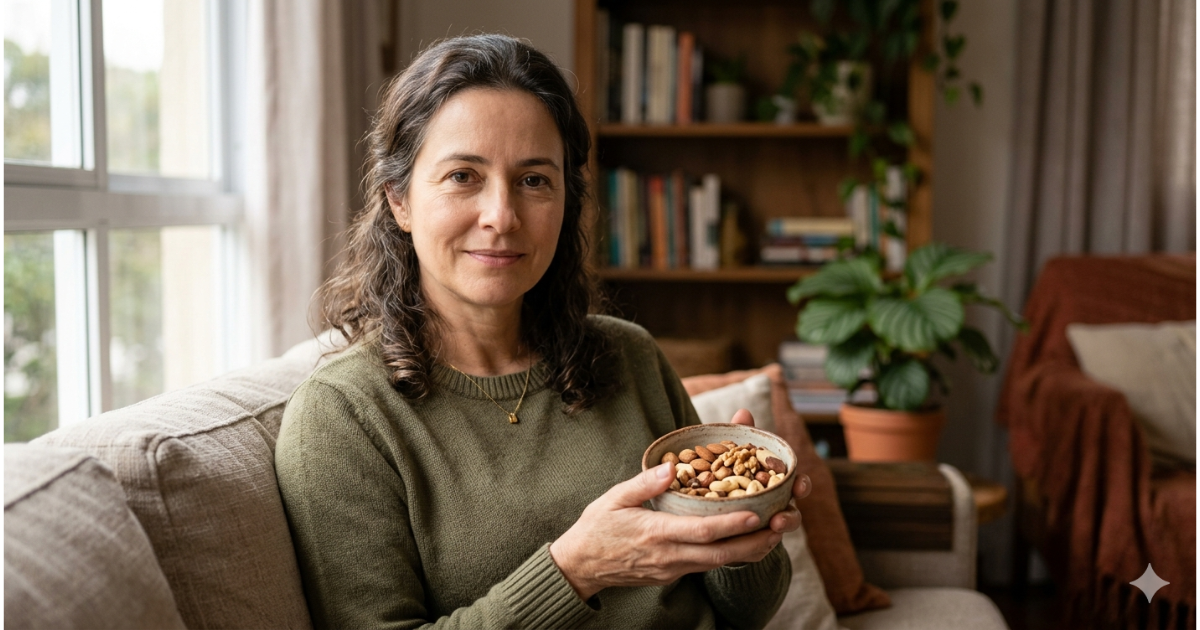 Castanhas na dieta da mulher de meia-idade sendo consumidas de forma natural em um momento de alimentação equilibrada