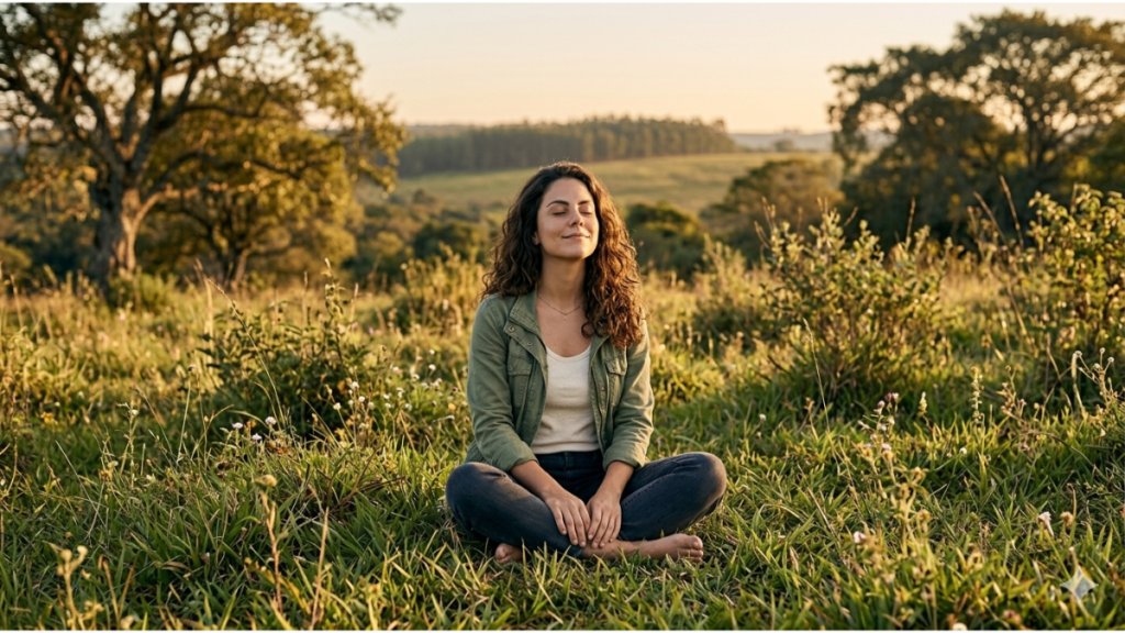 Mulher em momento de conexão com a natureza, representando equilíbrio e bem-estar sustentável