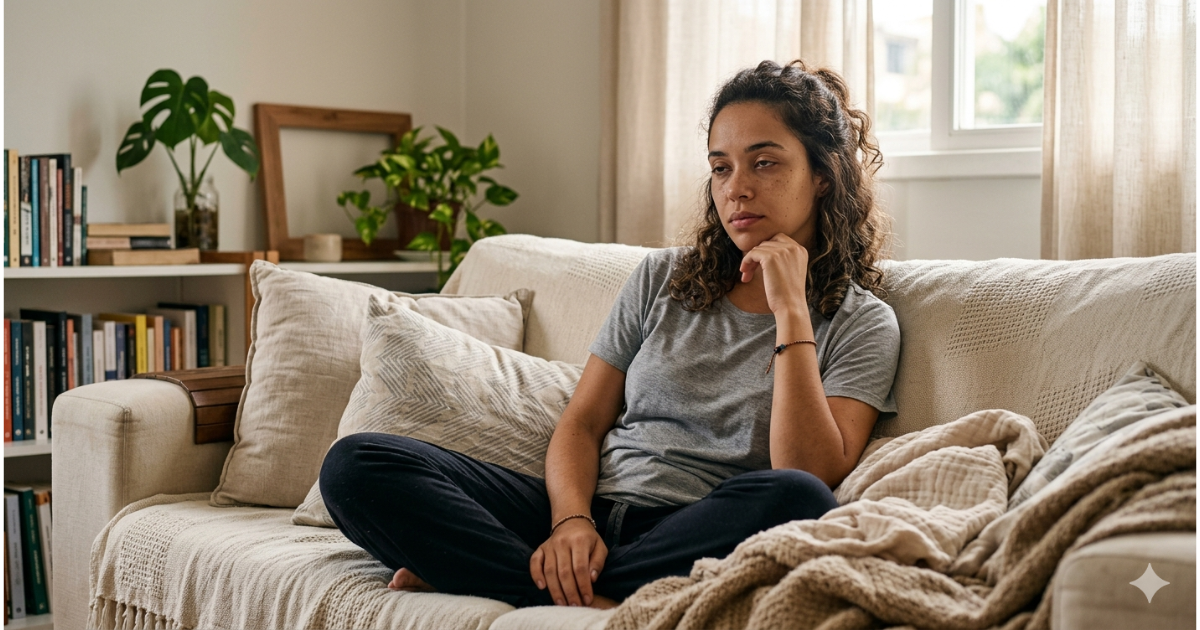 Cortisol e estresse em mulher com expressão de cansaço mesmo após descanso