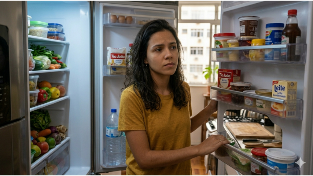 Mulher olhando para dentro da geladeira com expressão pensativa, representando dúvida nas escolhas alimentares