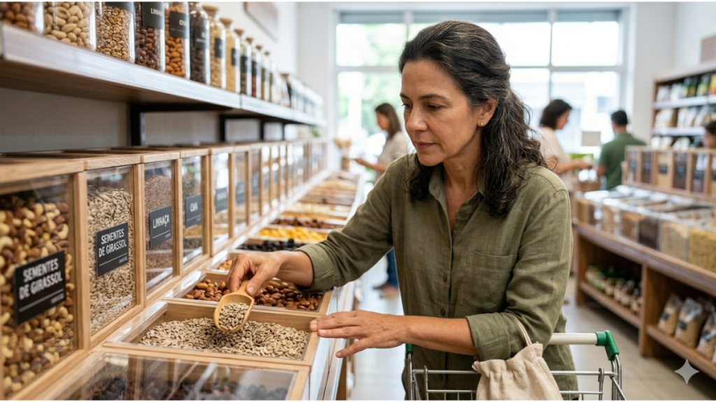 Mulher escolhendo sementes no mercado, representando decisões conscientes na alimentação