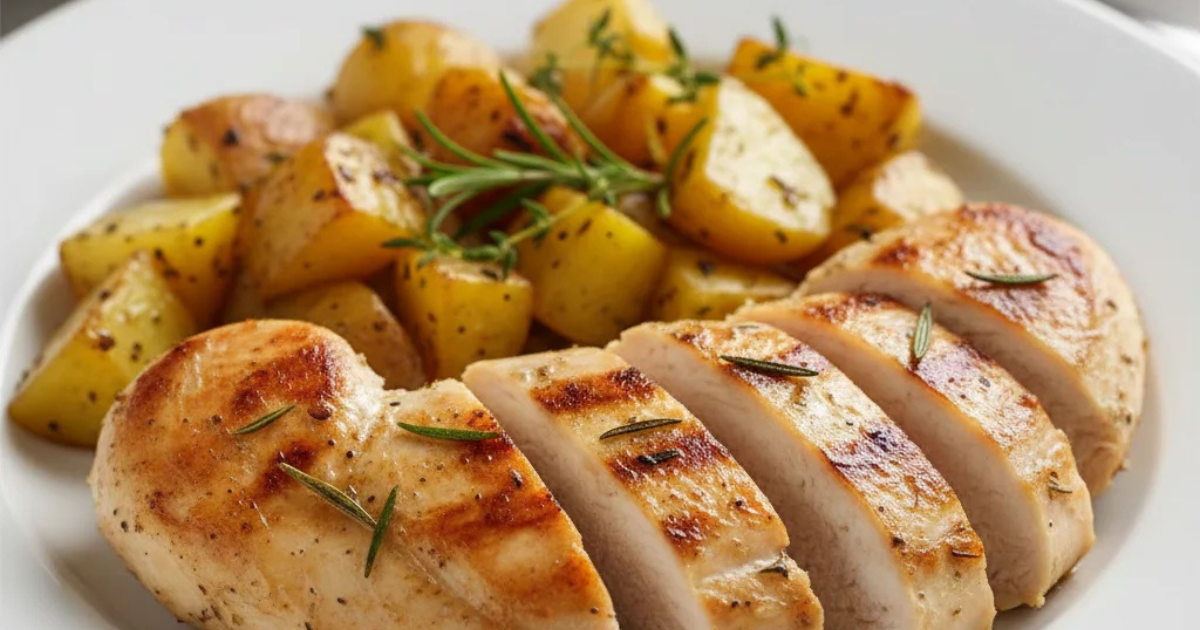 frango grelhado simples com batatas rústicas, receita saudável feita com filé de peito de frango ideal para marmitas fitness