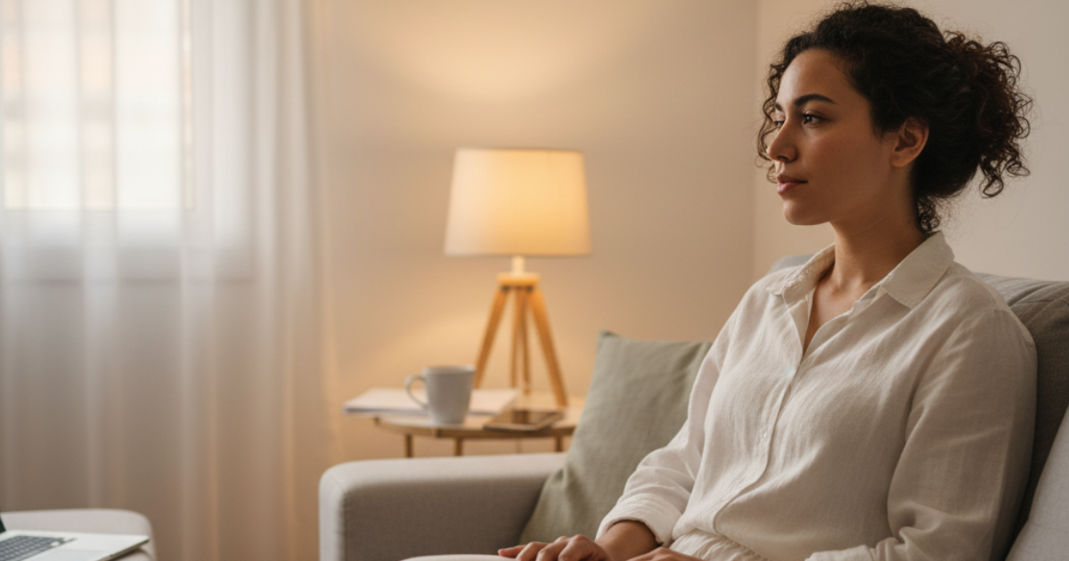 Mulher refletindo em casa após um dia cansativo, representando a prática da gratidão no cotidiano