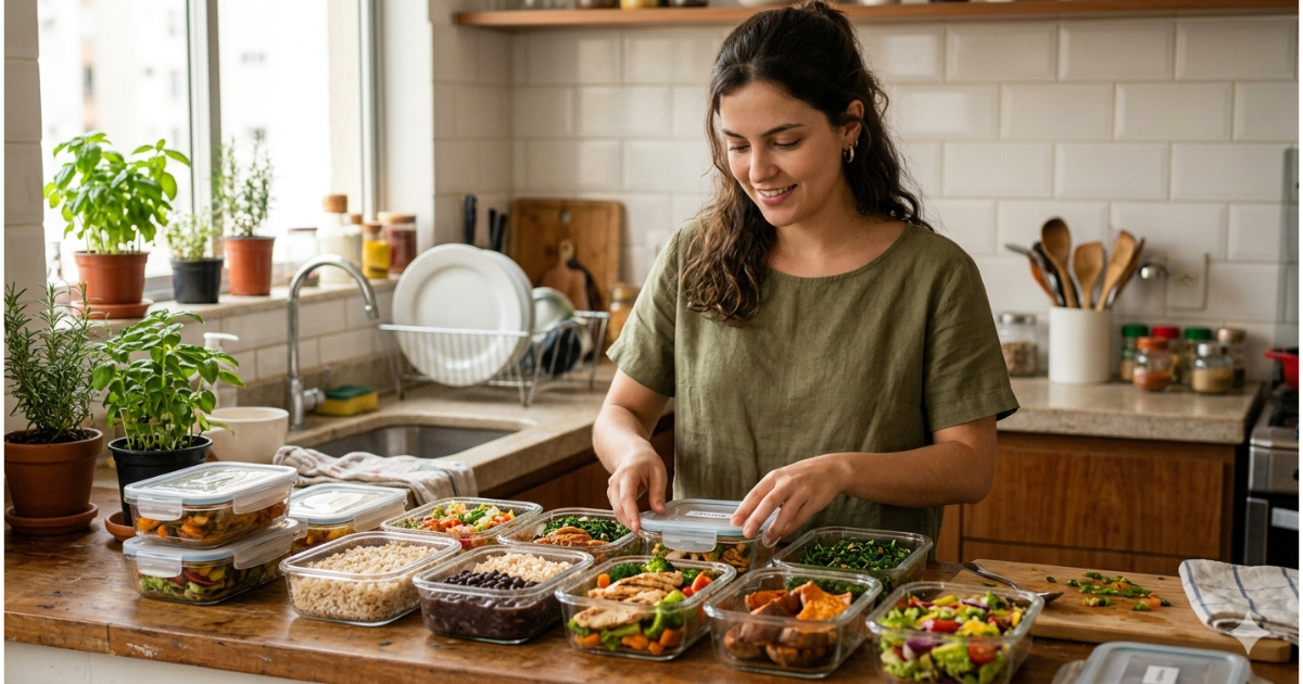 Alimentação saudável com marmitas fitness organizadas em cozinha representando planejamento e equilíbrio na rotina