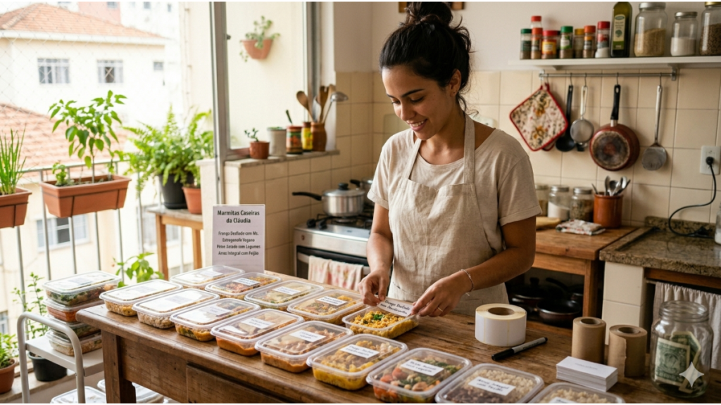 Mulher organizando marmitas, representando planejamento alimentar e possibilidade de renda extra