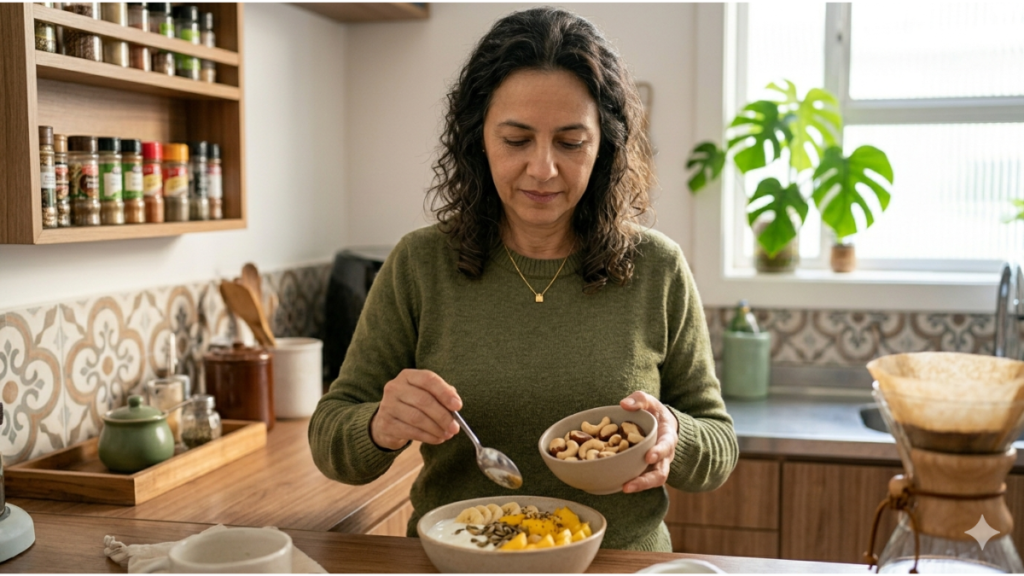 Mulher adicionando castanhas à refeição, representando alimentação equilibrada