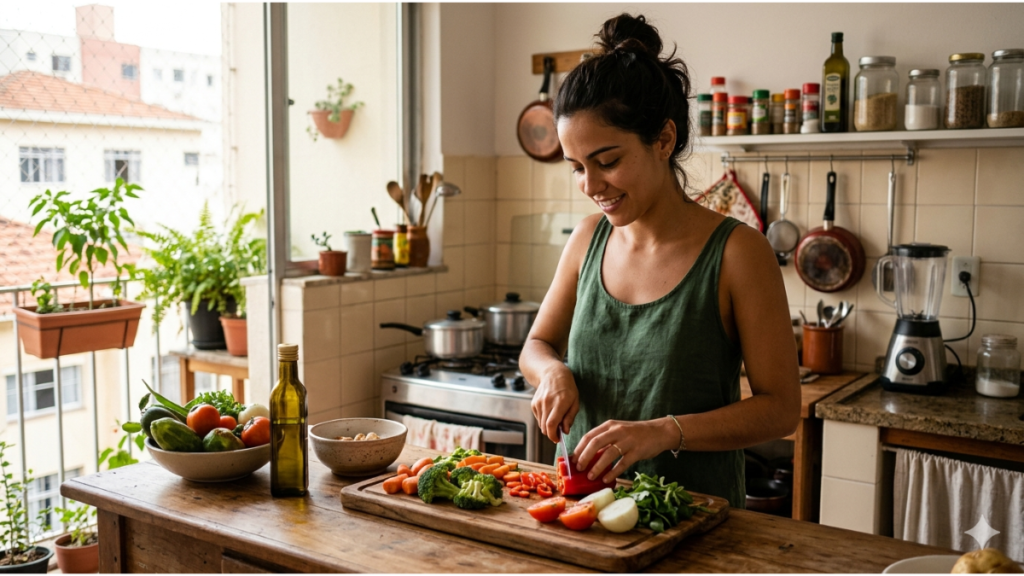 Mulher preparando alimentos saudáveis na cozinha, representando o início da organização alimentar