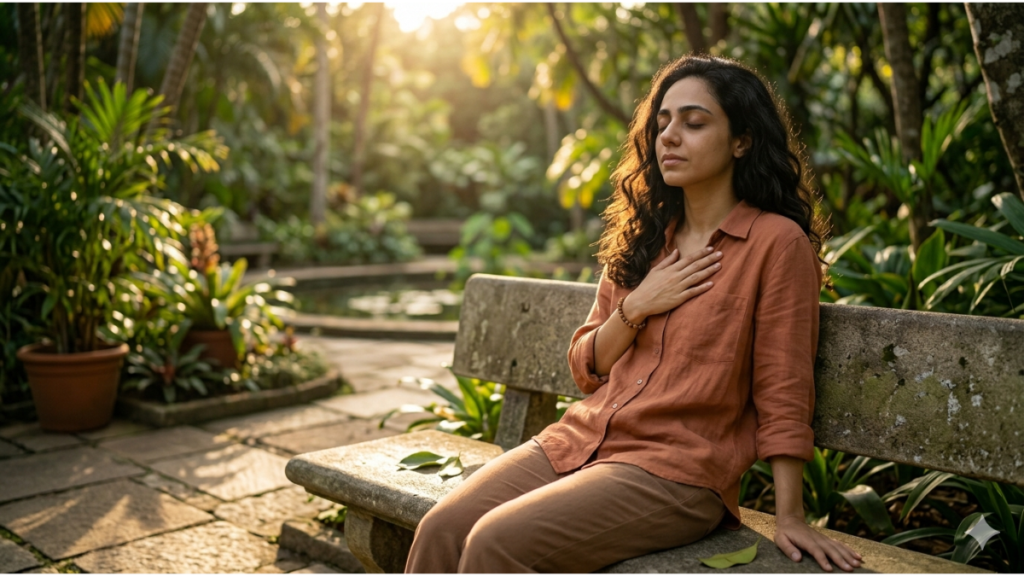 Mulher em momento de pausa ao ar livre representando recuperação do burnout
