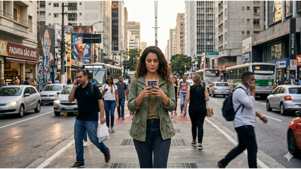 Mulher distraída usando celular na rua, representando rotina automática e falta de presença