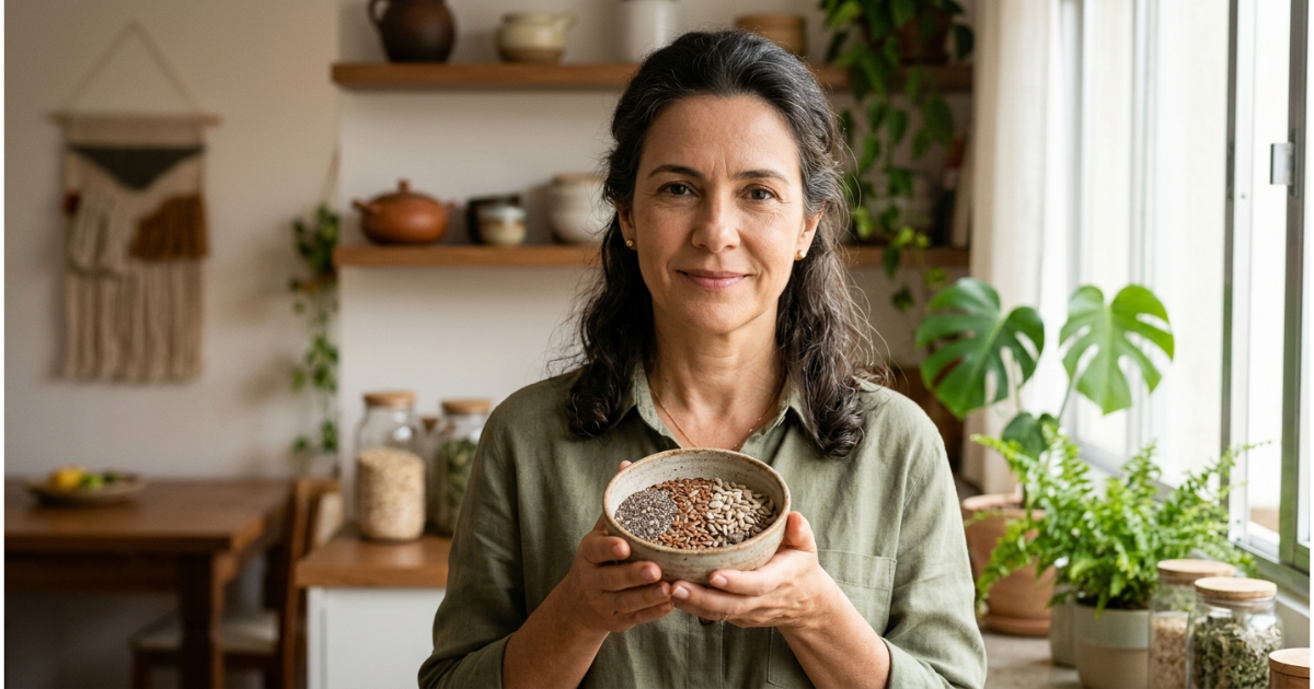 Sementes no climatério e menopausa sendo utilizadas na alimentação de mulher de meia-idade